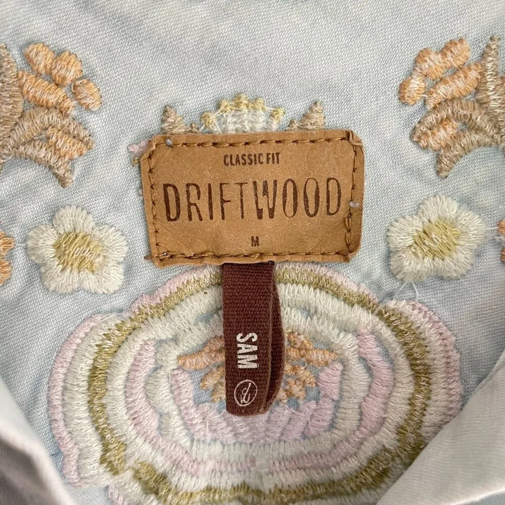 DRIFTWOOD Light Washed Embroidered Back Demin Shirt Size M - Picture 6 of 14